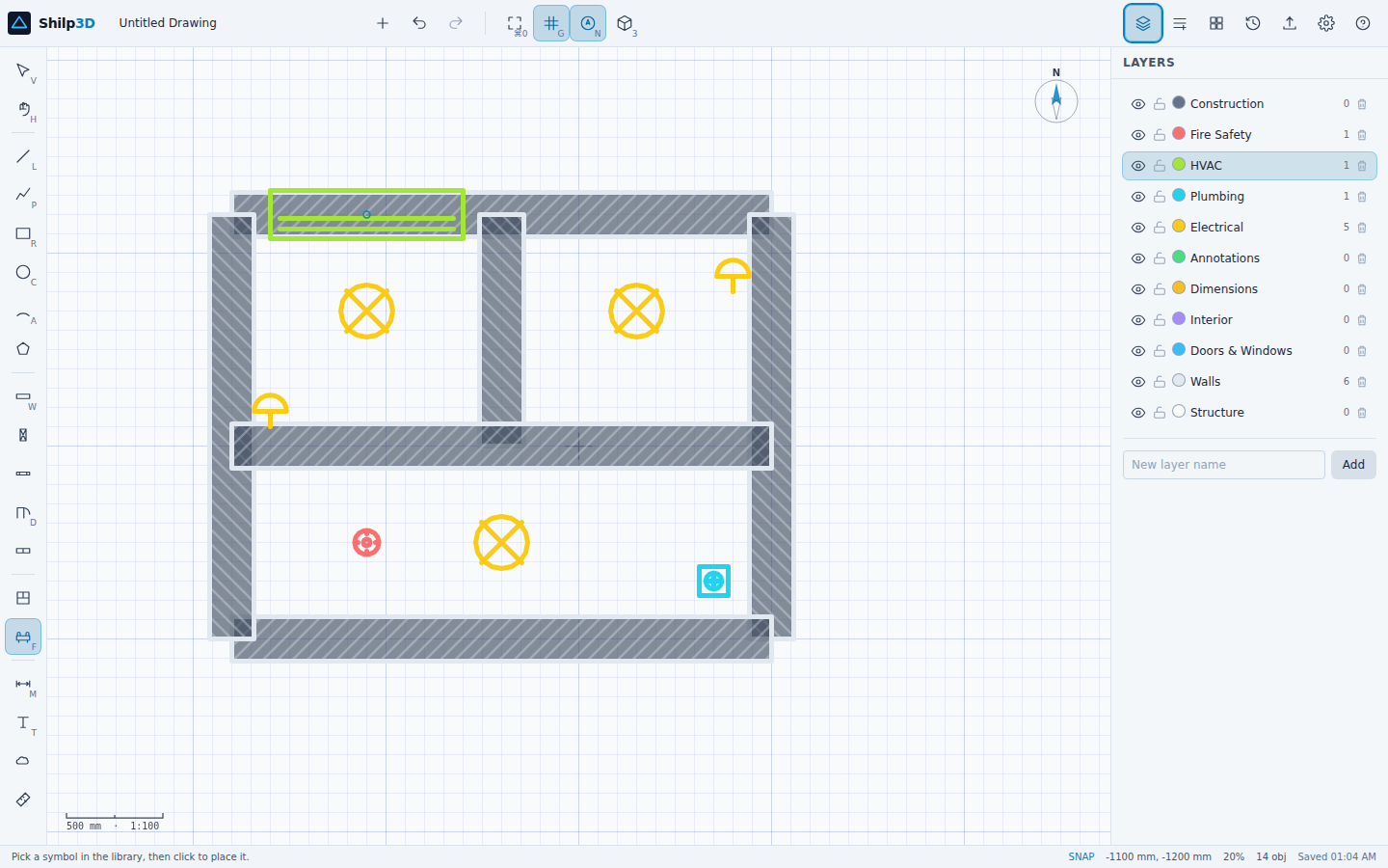 Shilp3D drafting a floor plan — hatched walls with electrical, plumbing, HVAC and fire-safety symbols, each on its own colour-coded layer